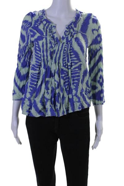 Vanessa Virginia Womens Long Sleeve Abstract Print V Neck Blouse Blue 2