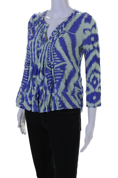 Vanessa Virginia Womens Long Sleeve Abstract Print V Neck Blouse Blue 2