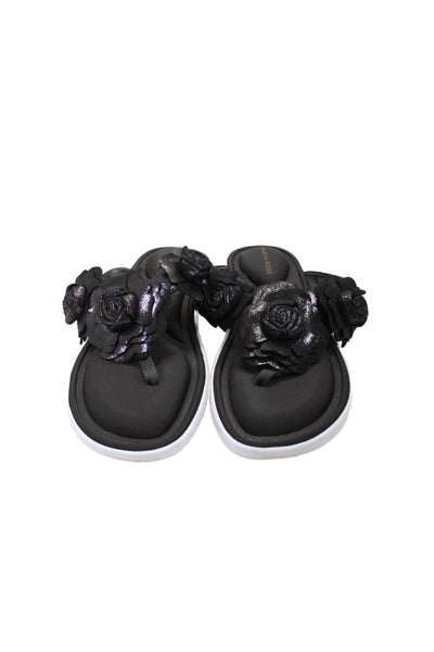 Taryn Rose Womens Shimmer Triple Flower Sammi T Strap Sandals Black Size 8.5