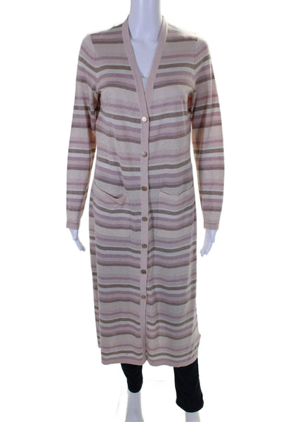 L'Agence Womens Metallic Knit Striped Longline Cardigan Sweater Pink Size M