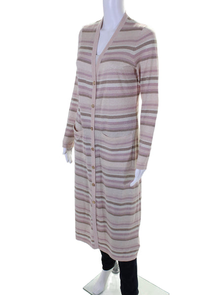 L'Agence Womens Metallic Knit Striped Longline Cardigan Sweater Pink Size M