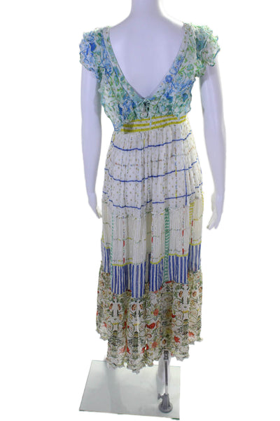 Hemant & Nandita Womens V Neck Metallic Pinstriped Floral Dress White Multi XS