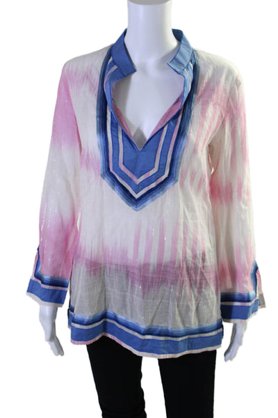 Sharon Gill Womens Long Sleeves Tunic Blouse Pink Blue Cotton Size Medium
