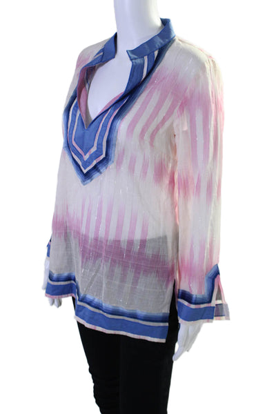 Sharon Gill Womens Long Sleeves Tunic Blouse Pink Blue Cotton Size Medium