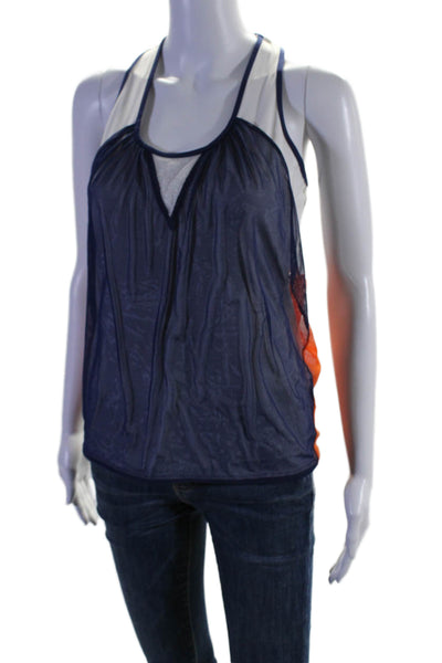 Lucky In Love Womens Scoop Neck Mesh Overlay Tank Top Navy White Orange 8-10