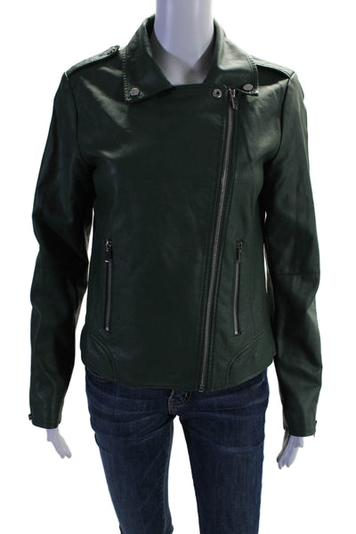 Vila Womens Front Zip Long Sleeve Collared Faux Leather Jacket Green Size Small