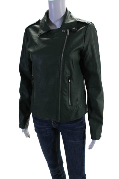 Vila Womens Front Zip Long Sleeve Collared Faux Leather Jacket Green Size Small