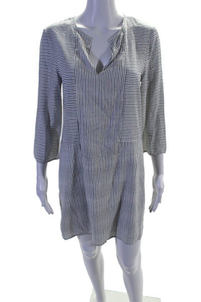 BCBGMAXAZRIA Womens Long Sleeve V Neck Striped Shift Dress White Black Size XS