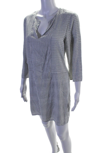 BCBGMAXAZRIA Womens Long Sleeve V Neck Striped Shift Dress White Black Size XS