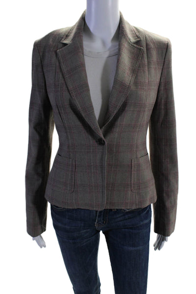 Tahari Womens Notch Lapel One Button Check Print Blazer Beige Small