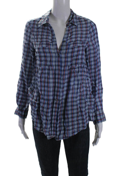 Joie Womens Plaid Long Sleeves Button Down Shirt Blue Red Cotton Size Extra Smal