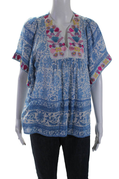 Bell Womens Silk Floral Print Short Sleeves Blouse White Blue Size Small