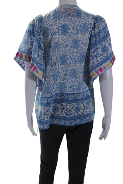 Bell Womens Silk Floral Print Short Sleeves Blouse White Blue Size Small