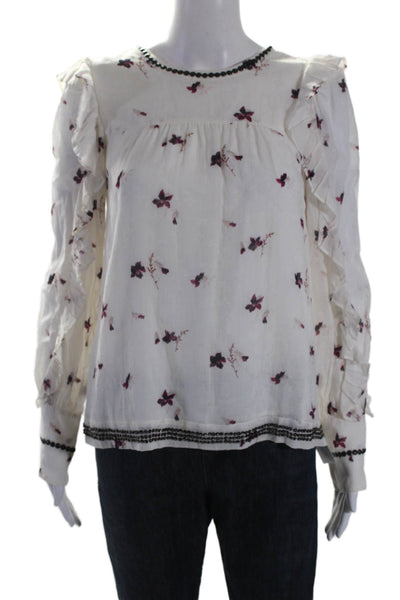 Joie Womens Floral Print Long Sleeves Blouse White Pink Size Extra Small