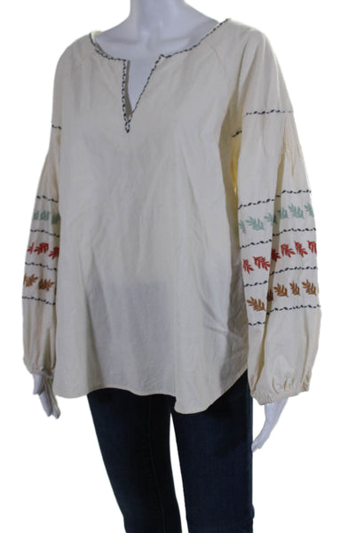 Madewell Women's Round Neck Long Sleeves Embroidered Cotton Blouse Beige Size L