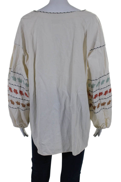 Madewell Women's Round Neck Long Sleeves Embroidered Cotton Blouse Beige Size L