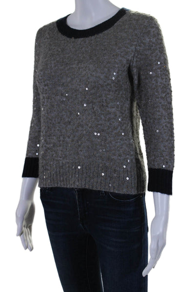 J Crew Womens 3/4 Sleeve Round Neck Sequin Sweater Gray Navy Size Medium