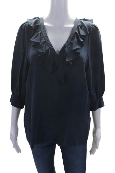 Joie Womens Silk Ruffle Trim V-Neck Long Sleeve Pullover Blouse Top Navy Size XS