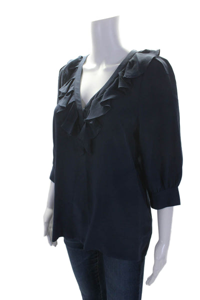 Joie Womens Silk Ruffle Trim V-Neck Long Sleeve Pullover Blouse Top Navy Size XS