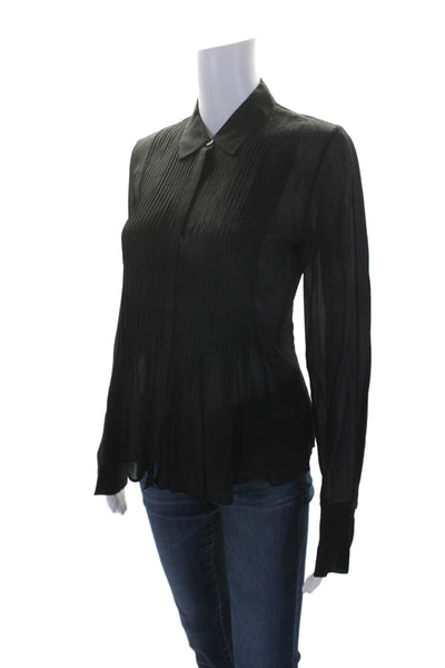 Theory Womens Silk Pleated Collar Long Sleeve Button Up Blouse Top Black Size P