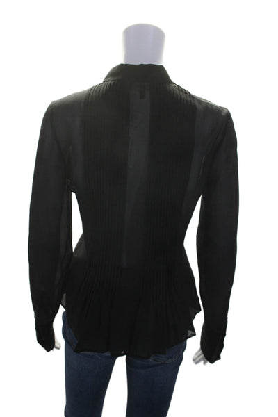 Theory Womens Silk Pleated Collar Long Sleeve Button Up Blouse Top Black Size P