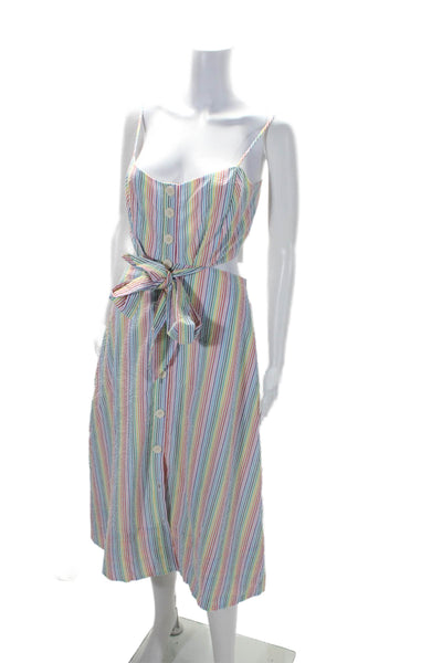 J Crew Womens Button Front Cut Out V Neck Striped Midi Dress White Multi Size 4