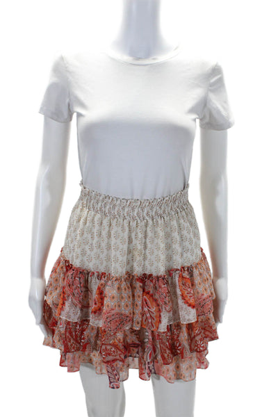 Misa Womens Elastic Waistband Floral Tiered Mini Skirt White Orange Size Small