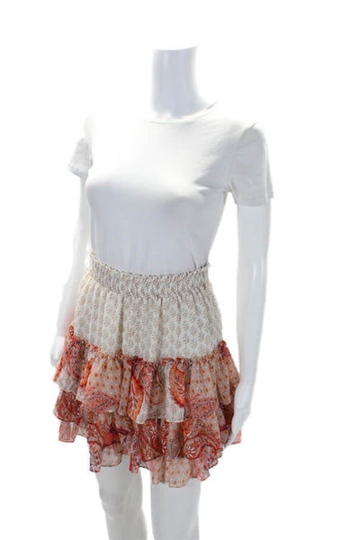 Misa Womens Elastic Waistband Floral Tiered Mini Skirt White Orange Size Small