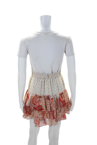 Misa Womens Elastic Waistband Floral Tiered Mini Skirt White Orange Size Small