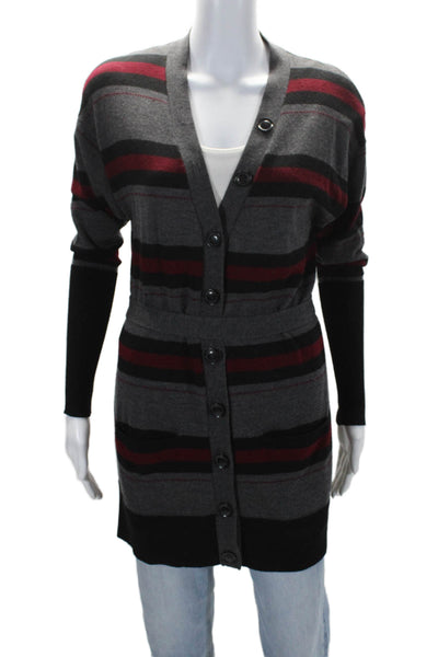 Nanette Lepore Womens Wool Gray Red Striped Padded Cardigan Sweater Top Size XS