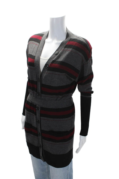 Nanette Lepore Womens Wool Gray Red Striped Padded Cardigan Sweater Top Size XS