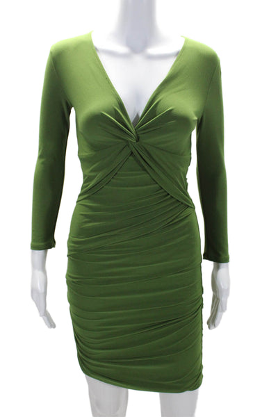 BCBGMAXAZRIA Womens Green V-Neck Ruched Detail Long Sleeve Bodycon Dress Size XS