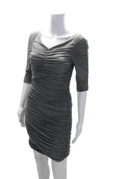 BCBGMAXAZRIA Womens Gray Ruched V-Neck 3/4 Sleeve Bodycon Dress Size S