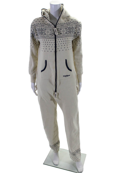 OnePiece Womens White Printed Full Zip Hooded Long Sleeve Overalls SizeXS