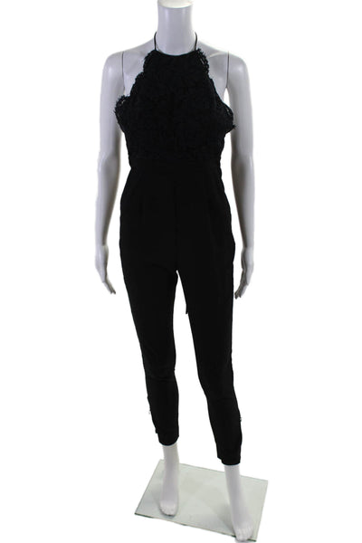 Fame and Partners Womens Halter Neck Lace Trim Tapered Leg Jumpsuit Black Size 0