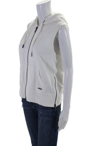 Donna Karan Women's Hood Sleeveless Full Zip Pockets Sweatshirt White Size S