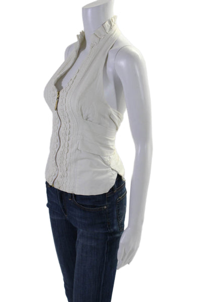 Makana Women's V-Neck Halter Full Zip Cotton Blouse Cream Size XS