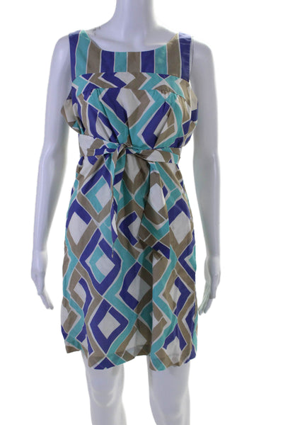 Trina Turk Womens Cotton Blend Geometric Print Sleeveless Dress Blue Size 6