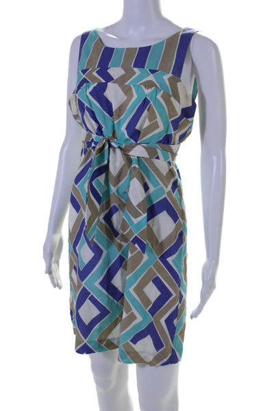 Trina Turk Womens Cotton Blend Geometric Print Sleeveless Dress Blue Size 6