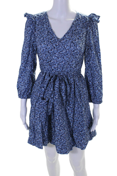 J Crew Womens Floral Print Long Sleeve Flare Dress Blue Size Medium