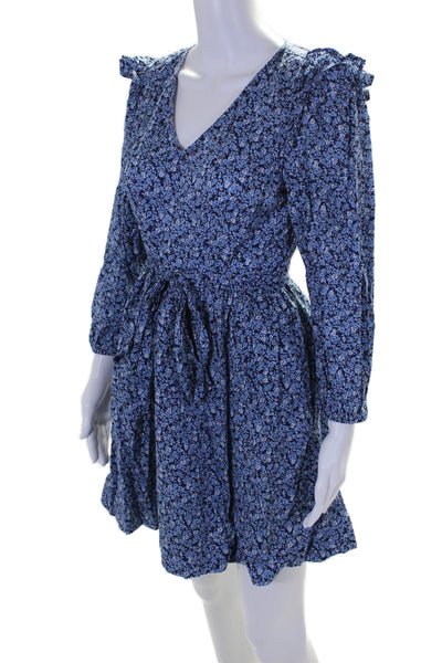 J Crew Womens Floral Print Long Sleeve Flare Dress Blue Size Medium