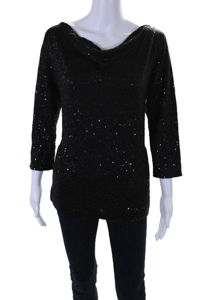 Eileen Fisher Womens Silk Sequined Long Sleeves Blouse Black Size Medium