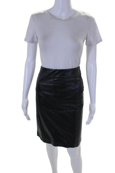 Blue Womens Leather Straight Midi Fabric Block Back Slit Skirt Black Size M