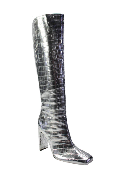 Zara Womens Side Zip Block Heel Croc Printed Knee High Boots Silver Size 36