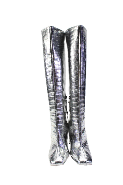 Zara Womens Side Zip Block Heel Croc Printed Knee High Boots Silver Size 36