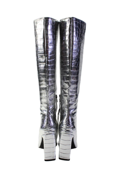 Zara Womens Side Zip Block Heel Croc Printed Knee High Boots Silver Size 36