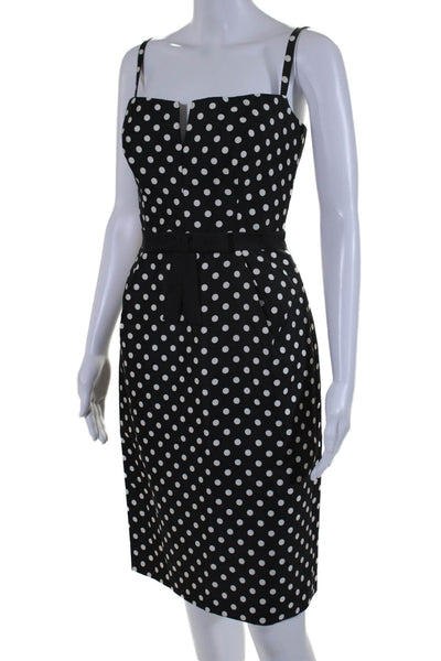 Milly Womens Back Zip Spaghetti Strap V Neck Polka Dot Dress Black White Size 4