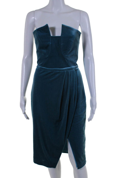 Black Halo Womens Back Zip Strapless Front Slit Velvet Dress Blue Size 4