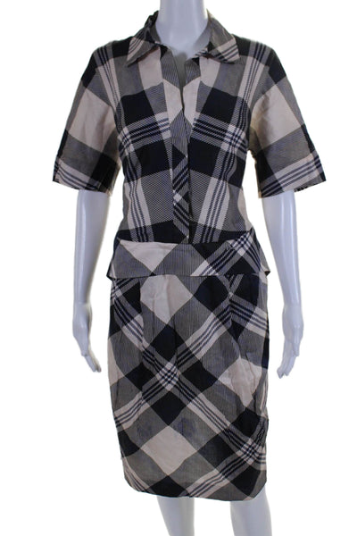 Dries Van Noten Womens Short Sleeve Collared V Neck Plaid Dress White Navy IT 40