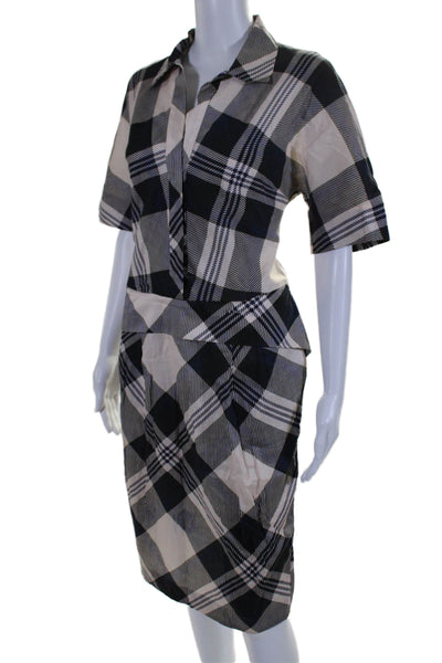 Dries Van Noten Womens Short Sleeve Collared V Neck Plaid Dress White Navy IT 40